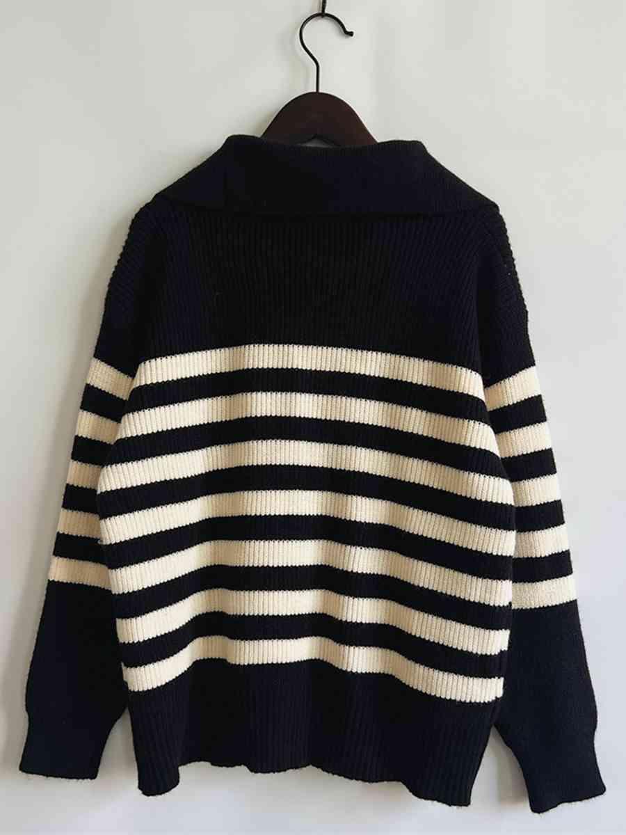 Camila Striped Half Zip Collared Sweater - SwagglyLife Home & Fashion