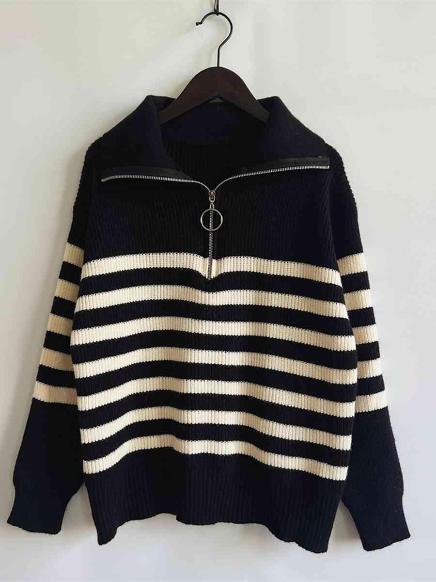 Camila Striped Half Zip Collared Sweater - SwagglyLife Home & Fashion