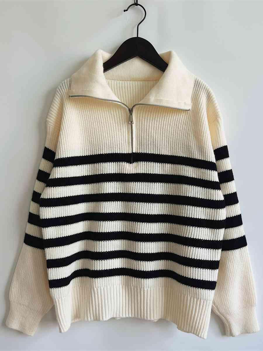 Camila Striped Half Zip Collared Sweater - SwagglyLife Home & Fashion