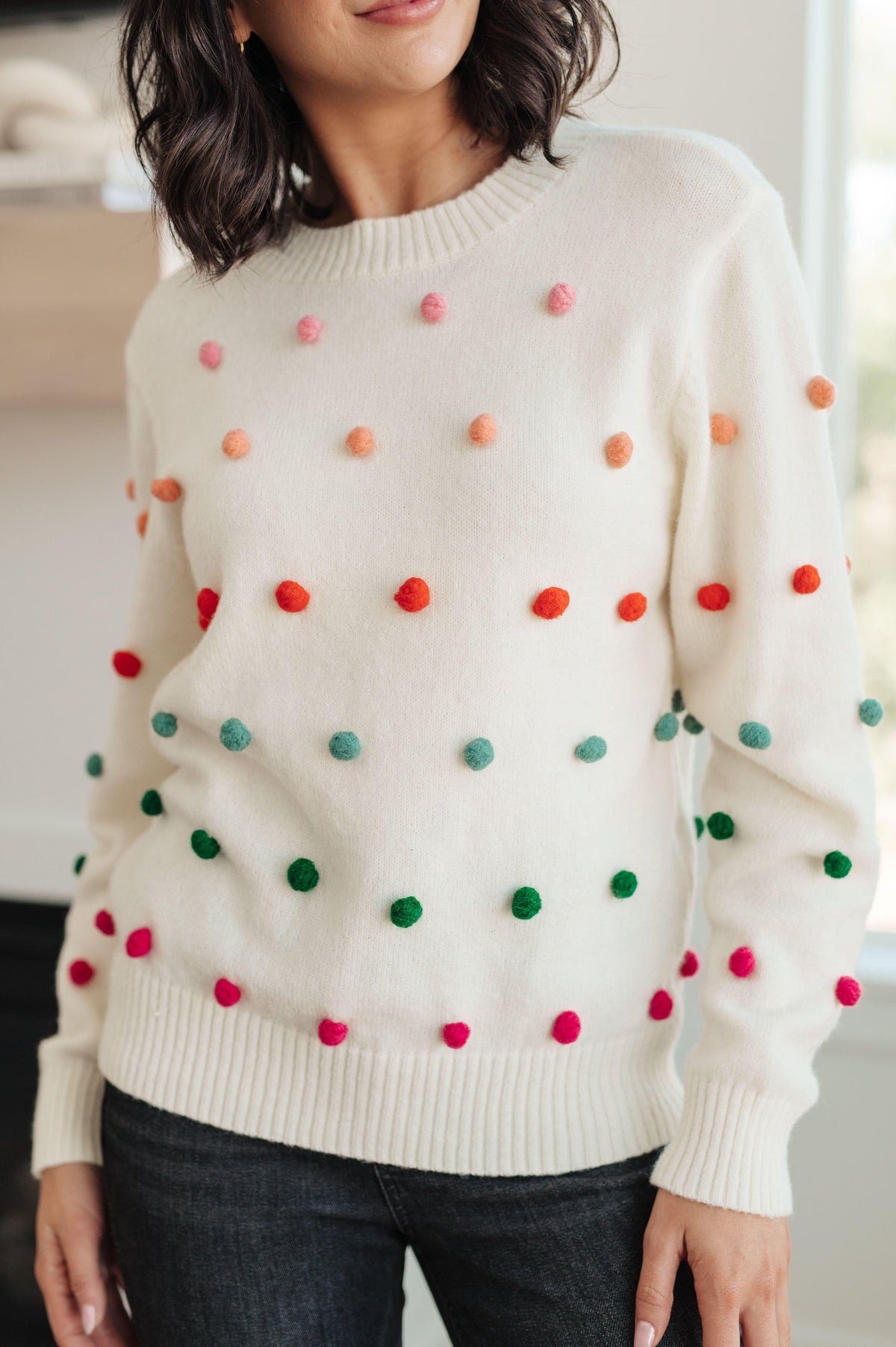 Candy Buttons Pom Detail Sweater - SwagglyLife Home & Fashion