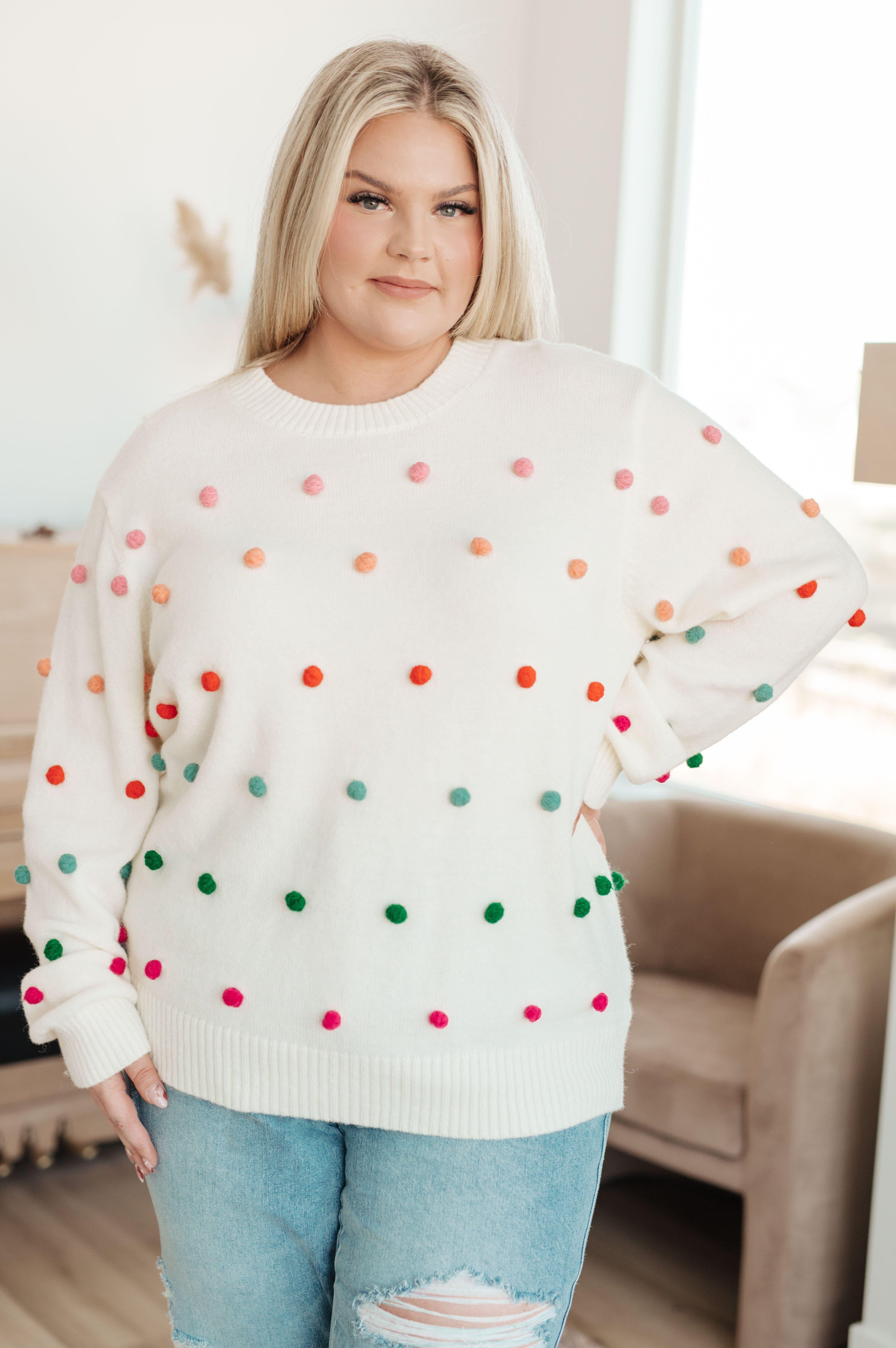 Candy Buttons Pom Detail Sweater - SwagglyLife Home & Fashion