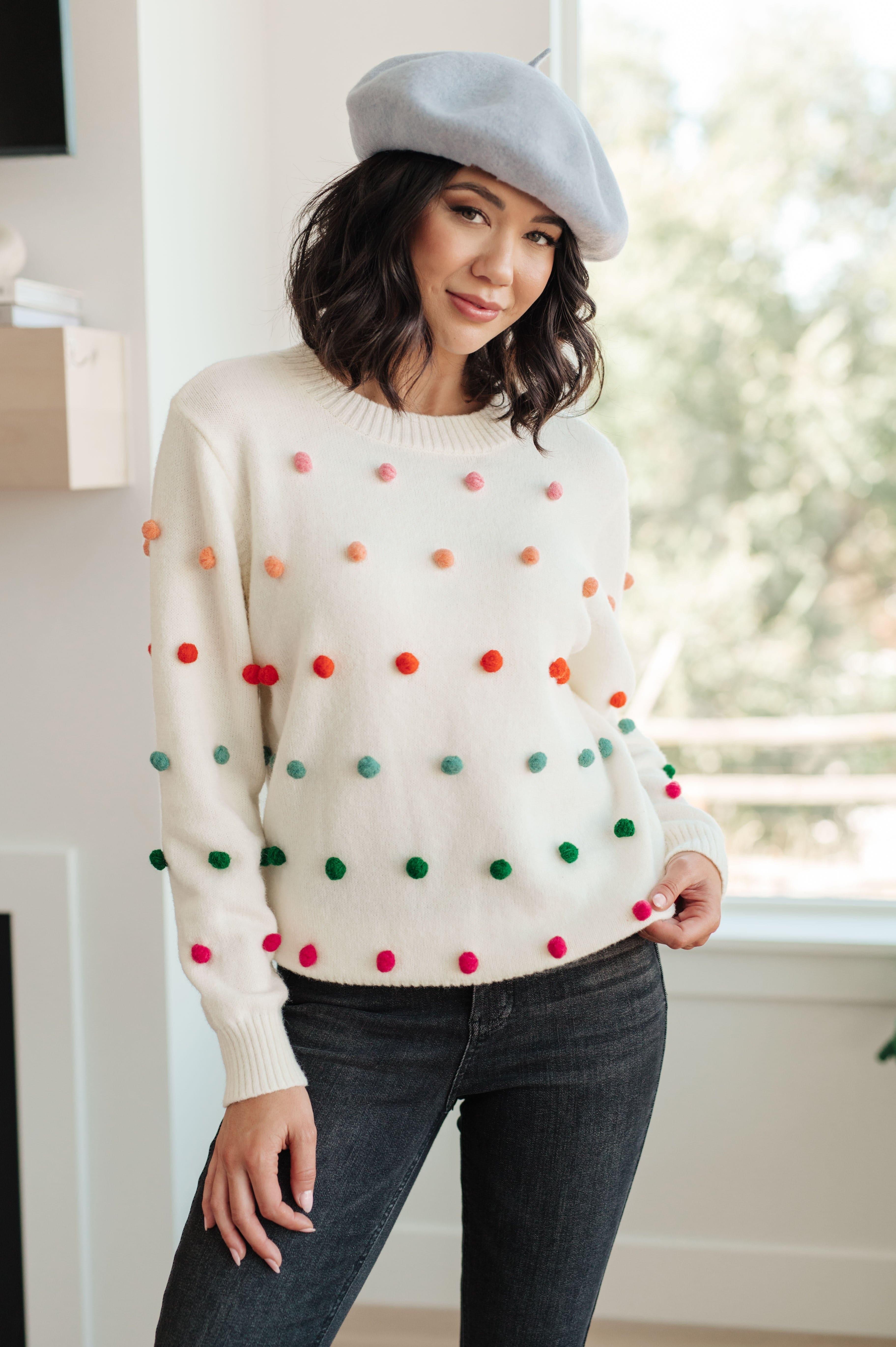 Candy Buttons Pom Detail Sweater - SwagglyLife Home & Fashion