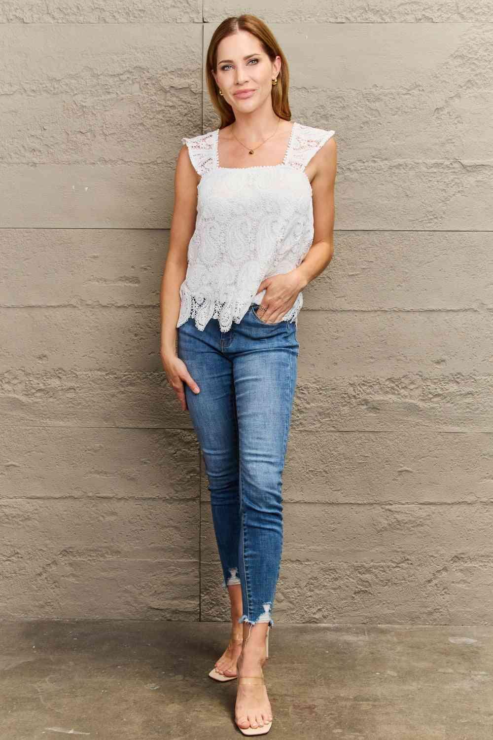 Carrie Paisley Lace Detail Square Neck Tank Top - SwagglyLife Home & Fashion