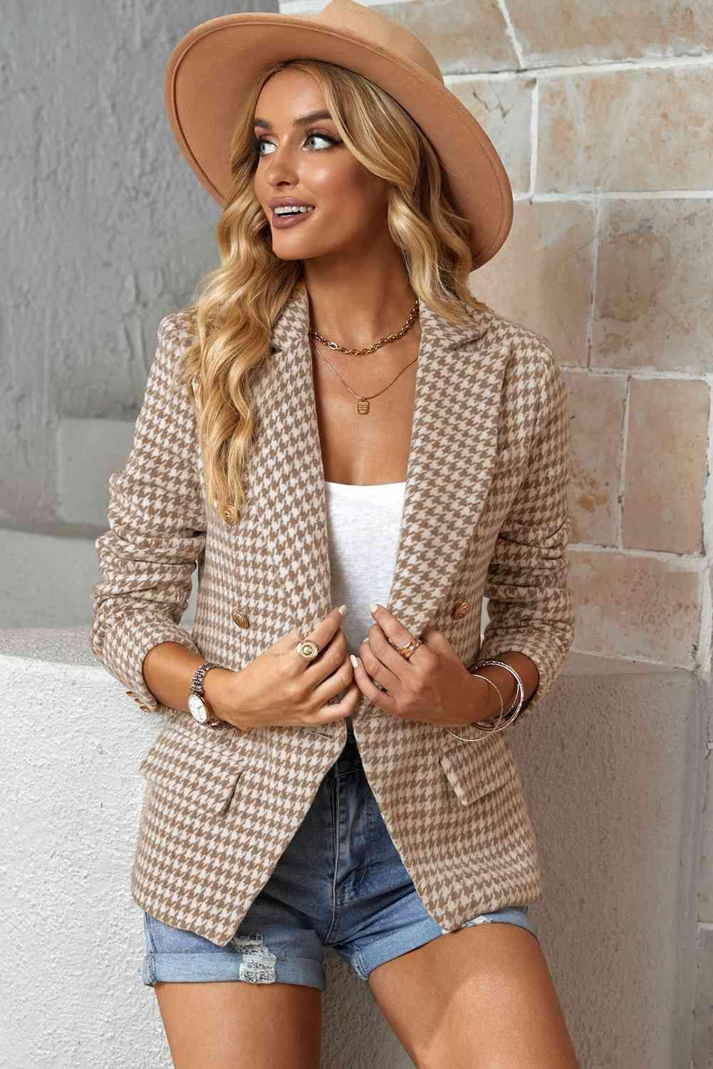Catherine Houndstooth Double-Breasted Blazer - SwagglyLife Home & Fashion