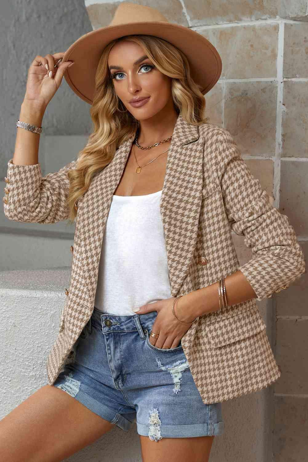 Catherine Houndstooth Double-Breasted Blazer - SwagglyLife Home & Fashion