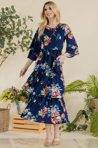 Celeste Floral Ruffle Tiered Midi Dress - SwagglyLife Home & Fashion