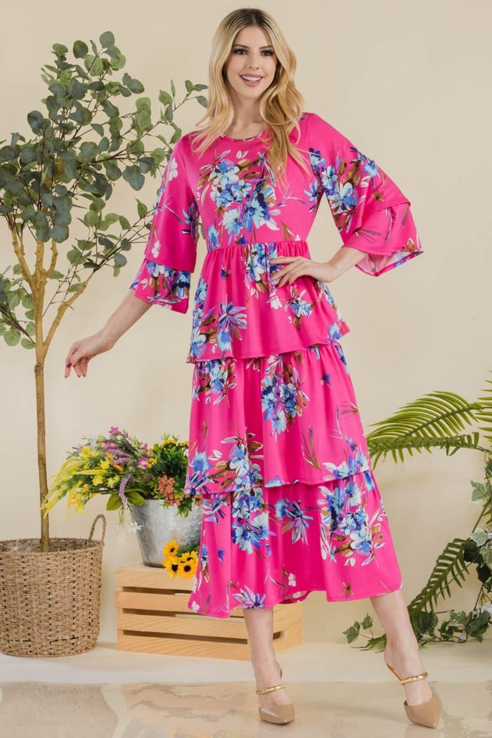 Celeste Floral Ruffle Tiered Midi Dress - SwagglyLife Home & Fashion