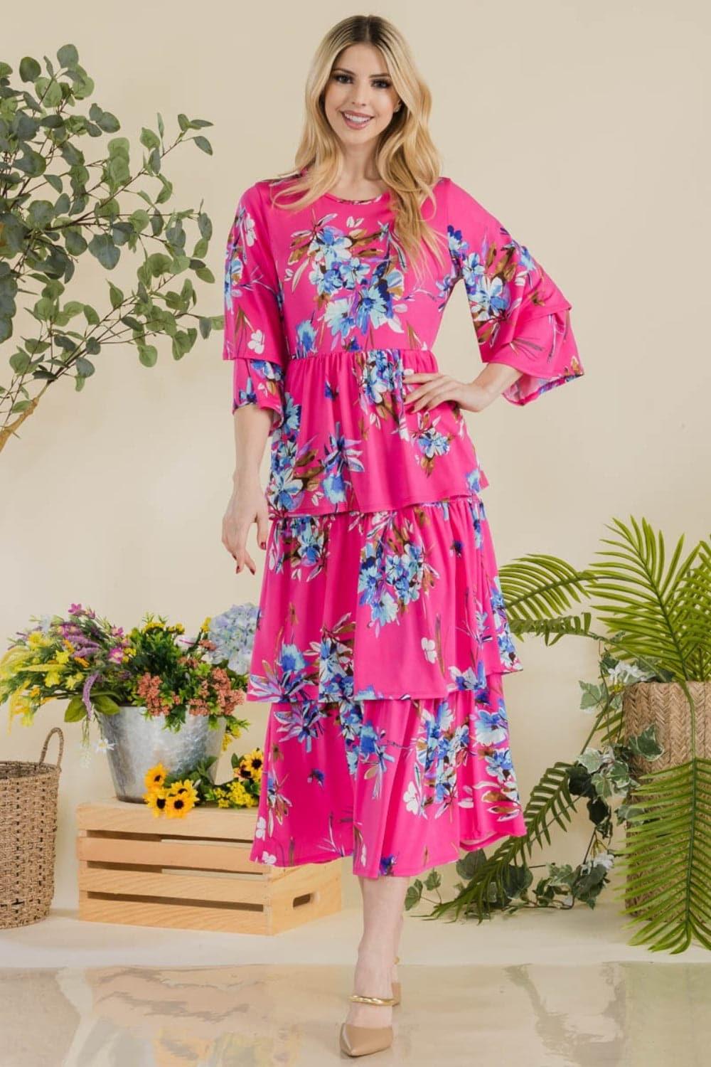 Celeste Floral Ruffle Tiered Midi Dress - SwagglyLife Home & Fashion