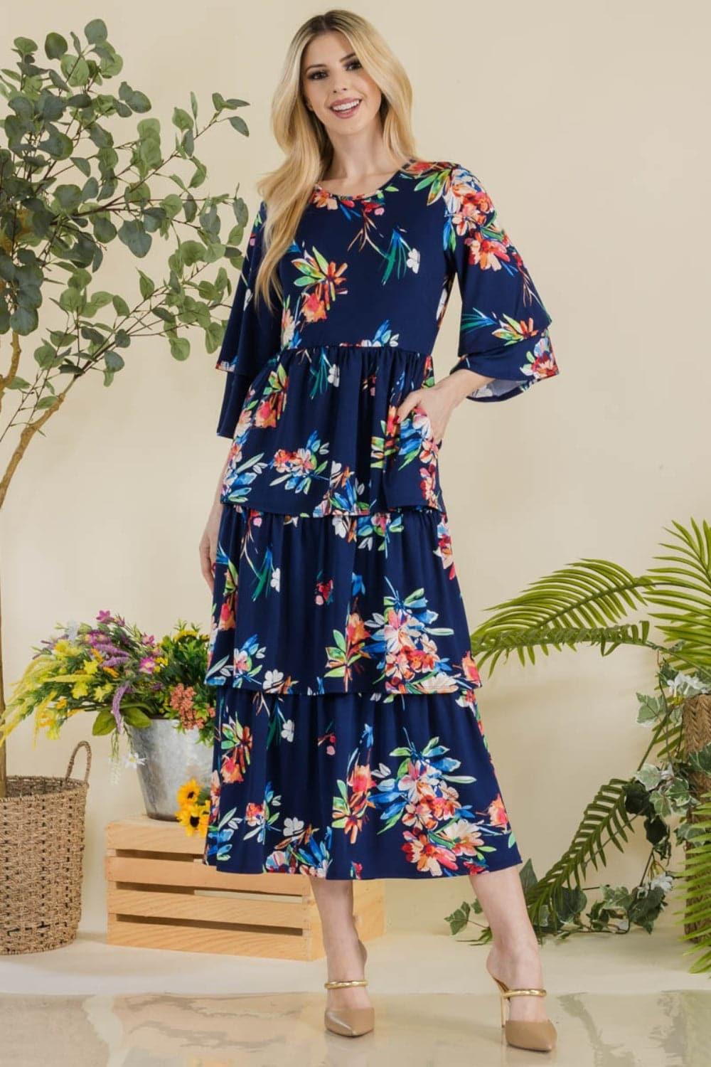 Celeste Floral Ruffle Tiered Midi Dress - SwagglyLife Home & Fashion