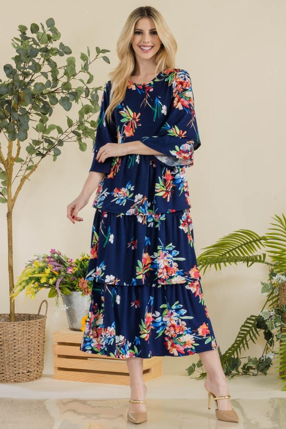 Celeste Floral Ruffle Tiered Midi Dress - SwagglyLife Home & Fashion