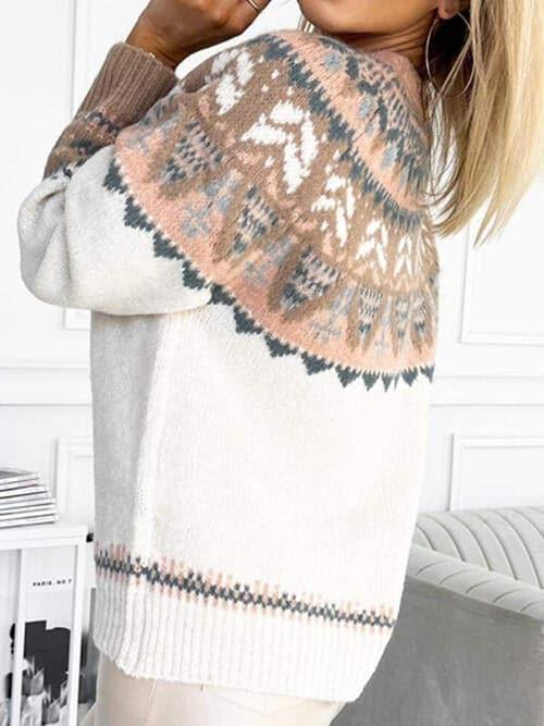 Celeste Geometric Round Neck Long Sleeve Sweater - SwagglyLife Home & Fashion