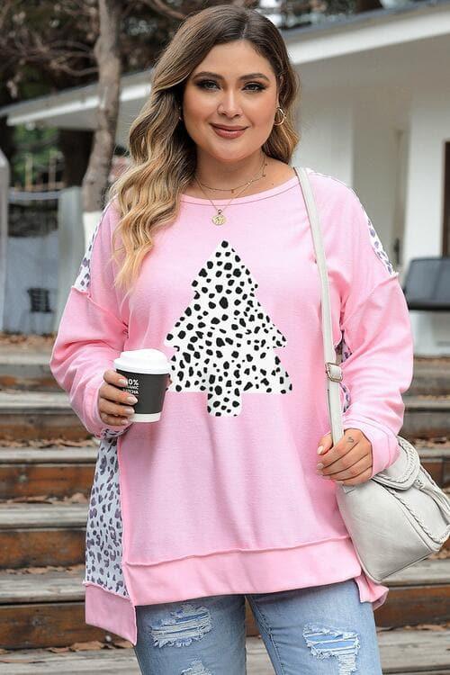 Celine Plus Size Animal Print Exposed Seam Long Sleeve Sweatshirt - SwagglyLife Home & Fashion