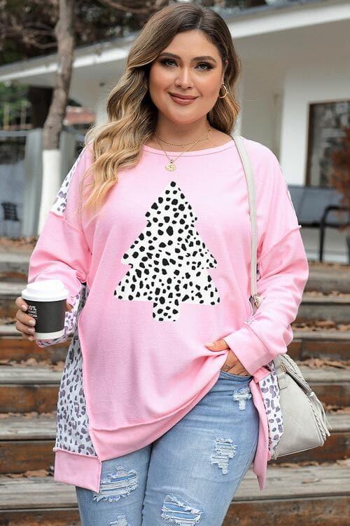 Celine Plus Size Animal Print Exposed Seam Long Sleeve Sweatshirt - SwagglyLife Home & Fashion