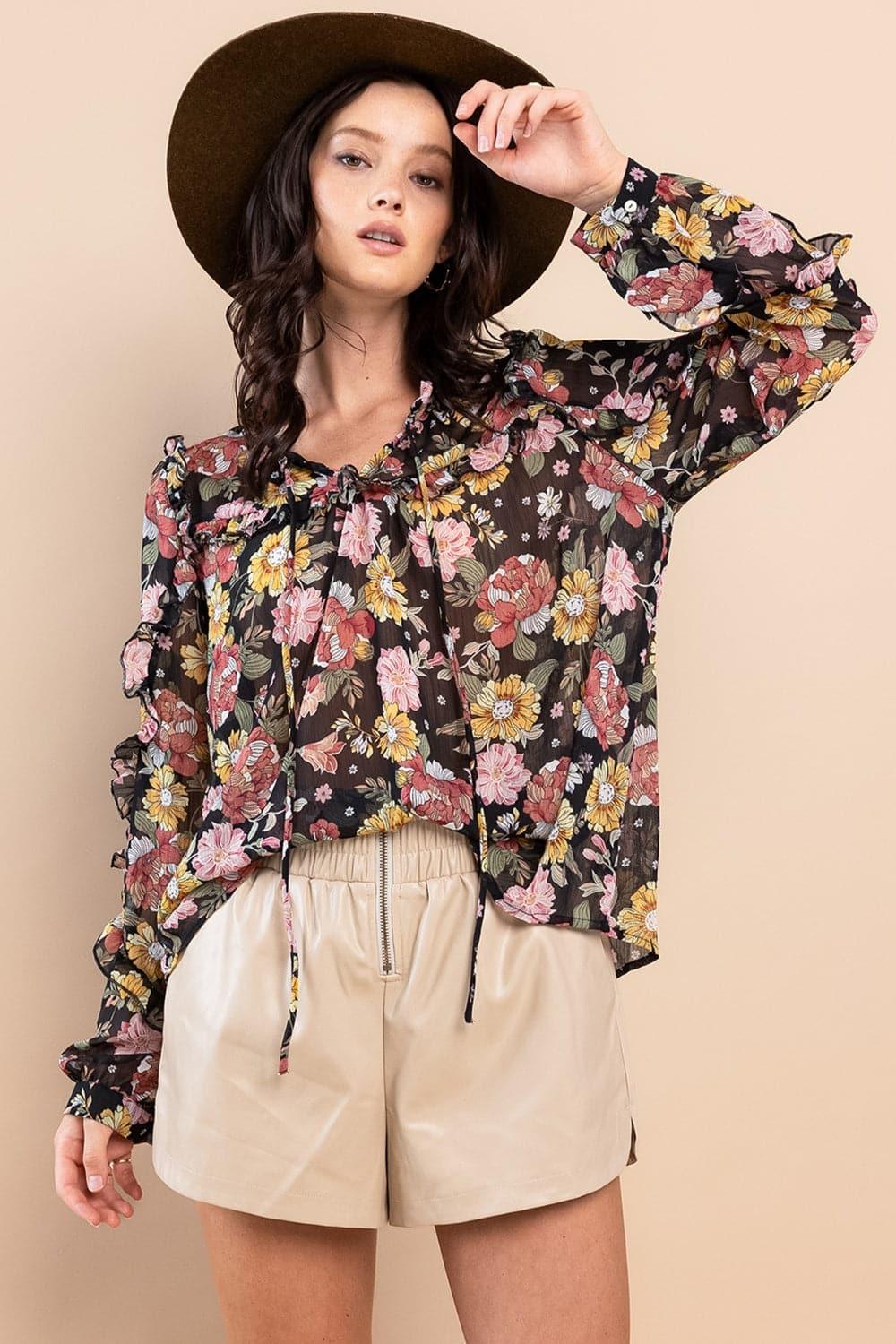 Ces Femme Ruffle Trim Long Sleeve Floral Blouse - SwagglyLife Home & Fashion