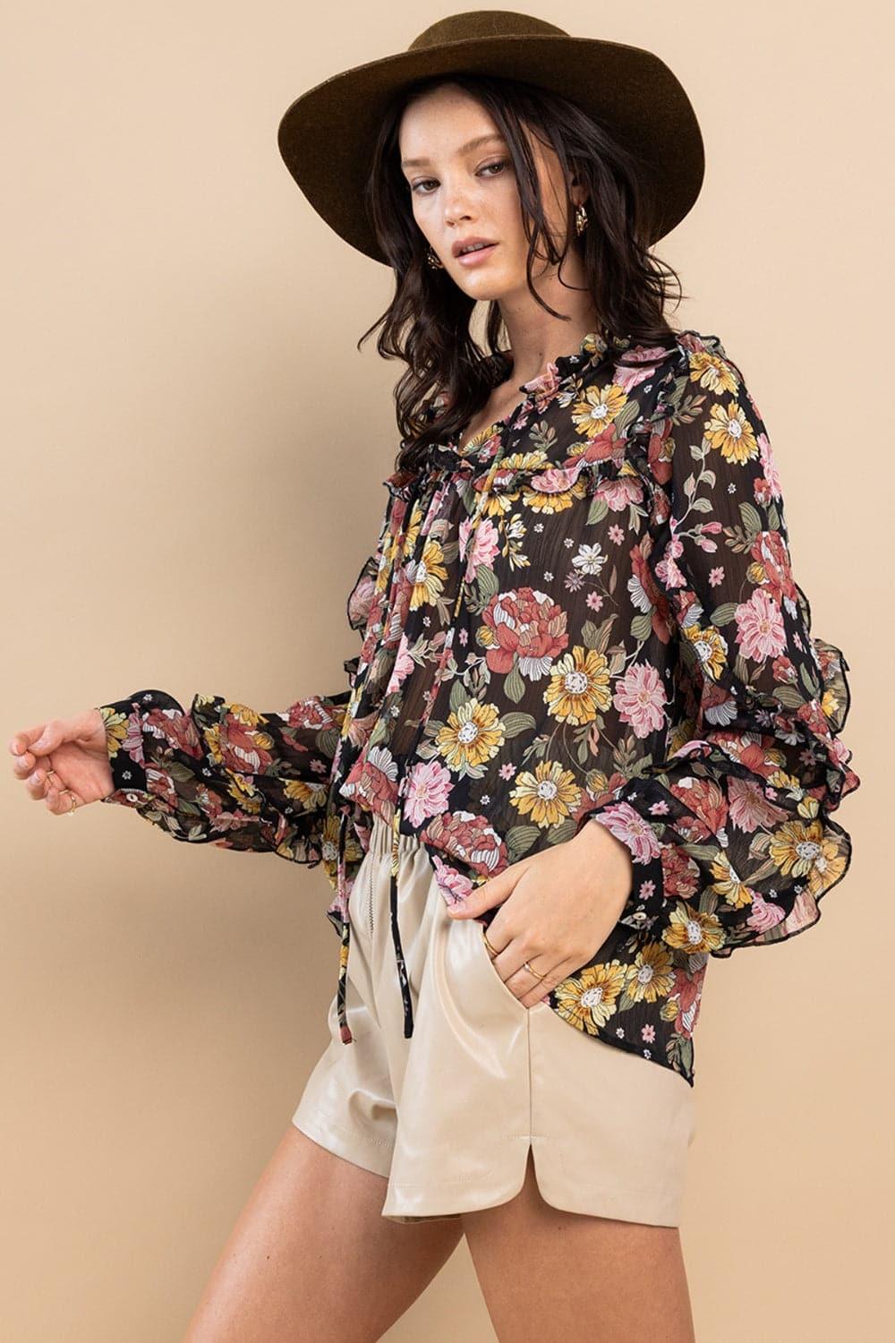 Ces Femme Ruffle Trim Long Sleeve Floral Blouse - SwagglyLife Home & Fashion