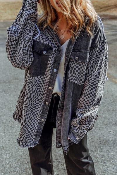 Checkmate Plaid Snap Down Raw Hem Drawstring Hooded Jacket - SwagglyLife Home & Fashion