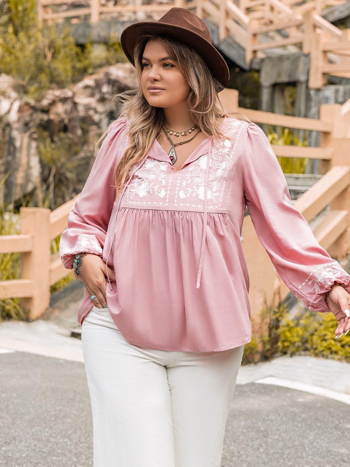 Chloé Plus Size Tie Neck Puff Sleeve Blouse - SwagglyLife Home & Fashion