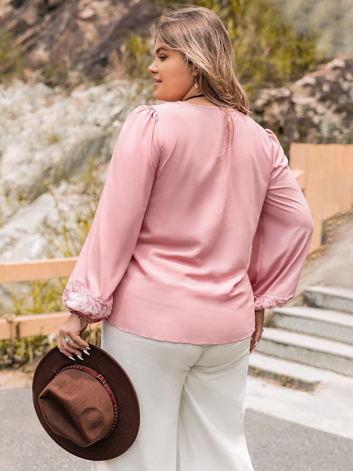 Chloé Plus Size Tie Neck Puff Sleeve Blouse - SwagglyLife Home & Fashion