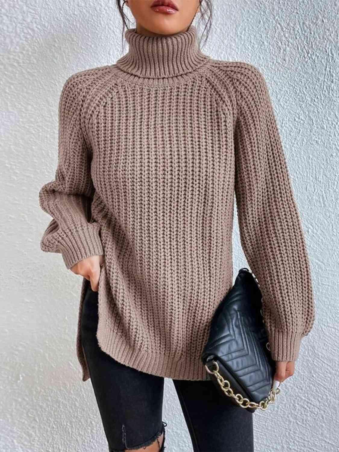 Chrissie Full Size Turtleneck Rib-Knit Slit Sweater - SwagglyLife Home & Fashion