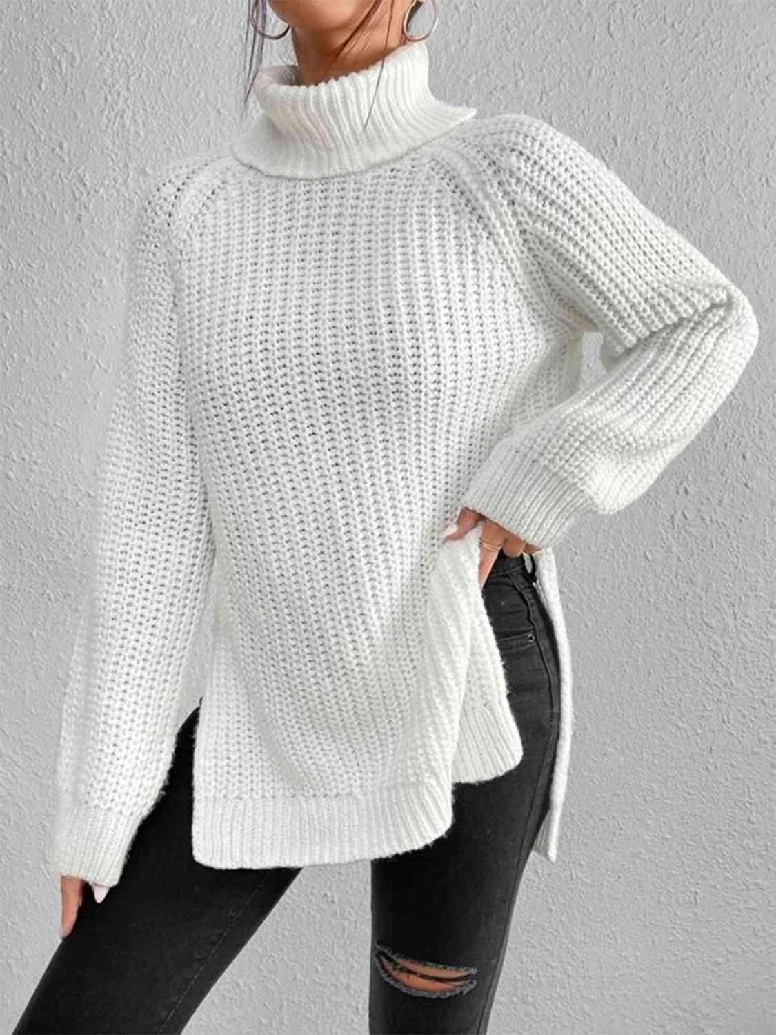 Chrissie Full Size Turtleneck Rib-Knit Slit Sweater - SwagglyLife Home & Fashion