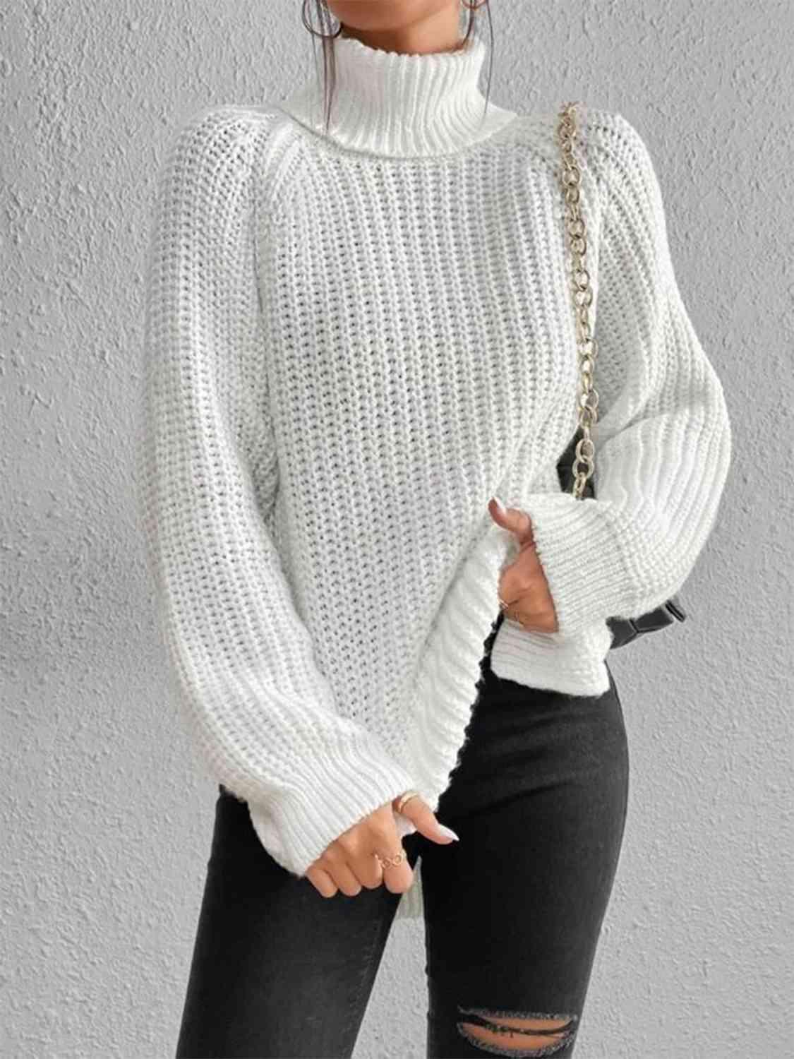 Chrissie Full Size Turtleneck Rib-Knit Slit Sweater - SwagglyLife Home & Fashion