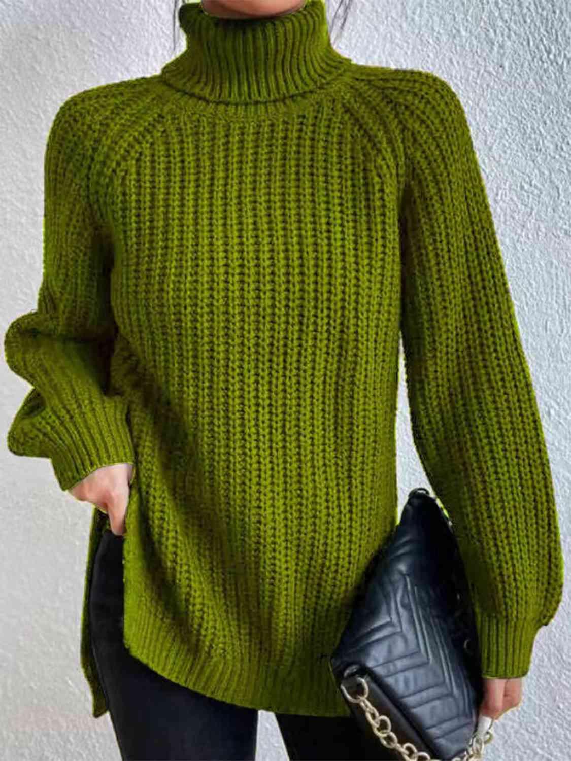 Chrissie Full Size Turtleneck Rib-Knit Slit Sweater - SwagglyLife Home & Fashion