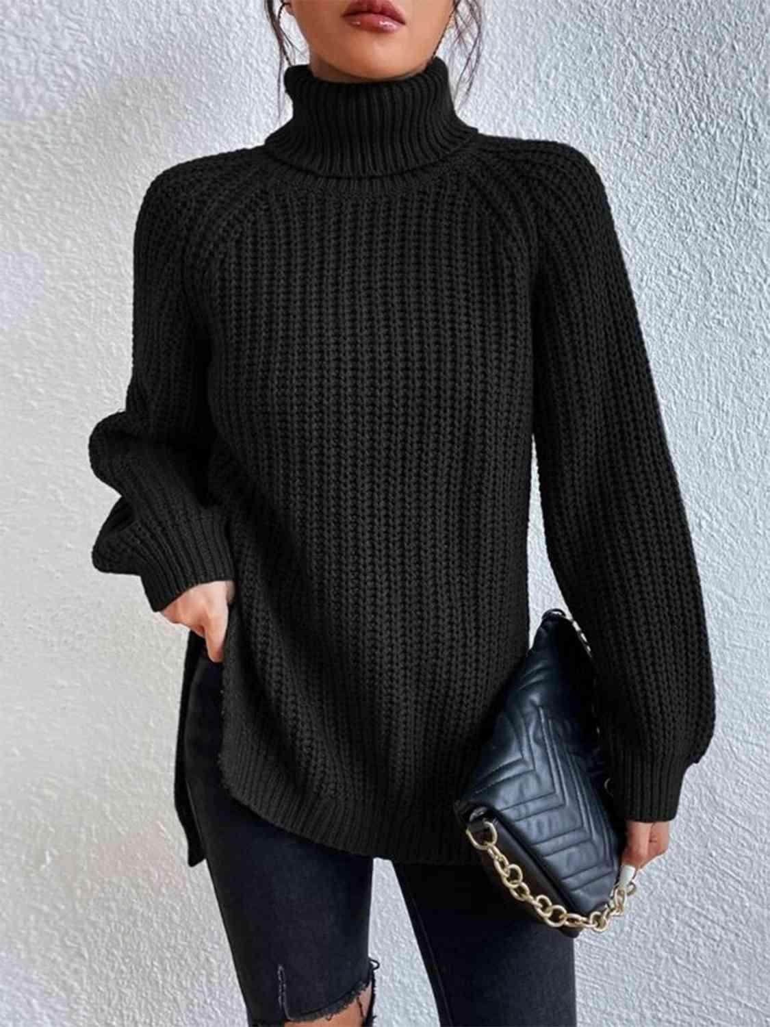 Chrissie Full Size Turtleneck Rib-Knit Slit Sweater - SwagglyLife Home & Fashion