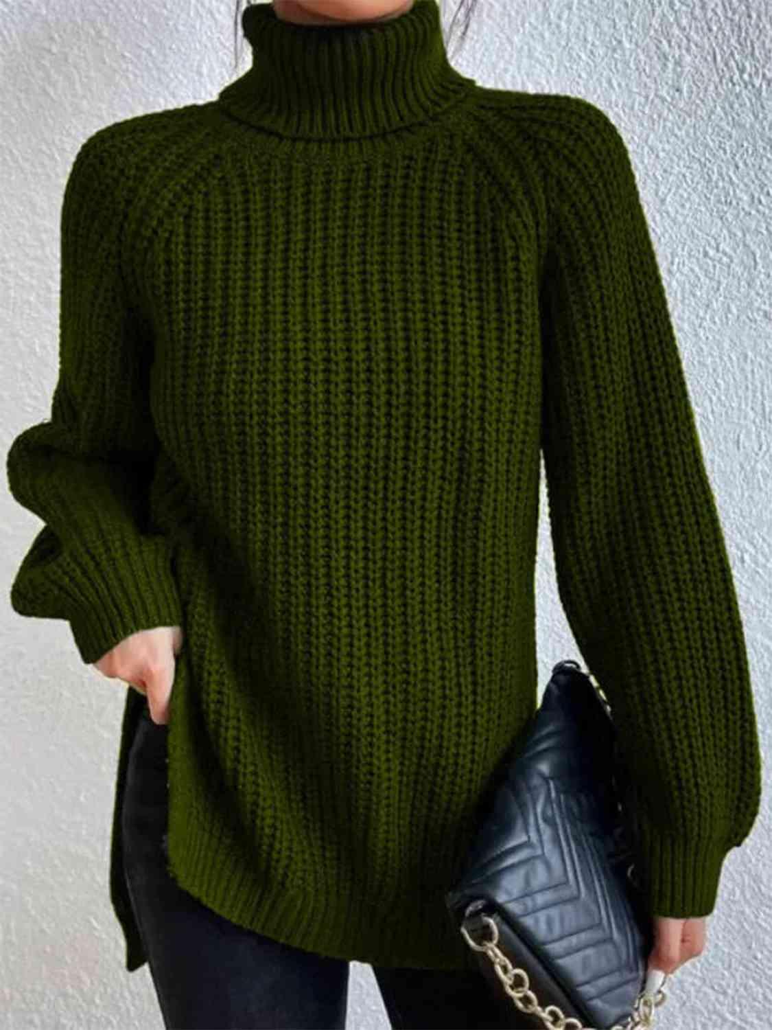 Chrissie Full Size Turtleneck Rib-Knit Slit Sweater - SwagglyLife Home & Fashion