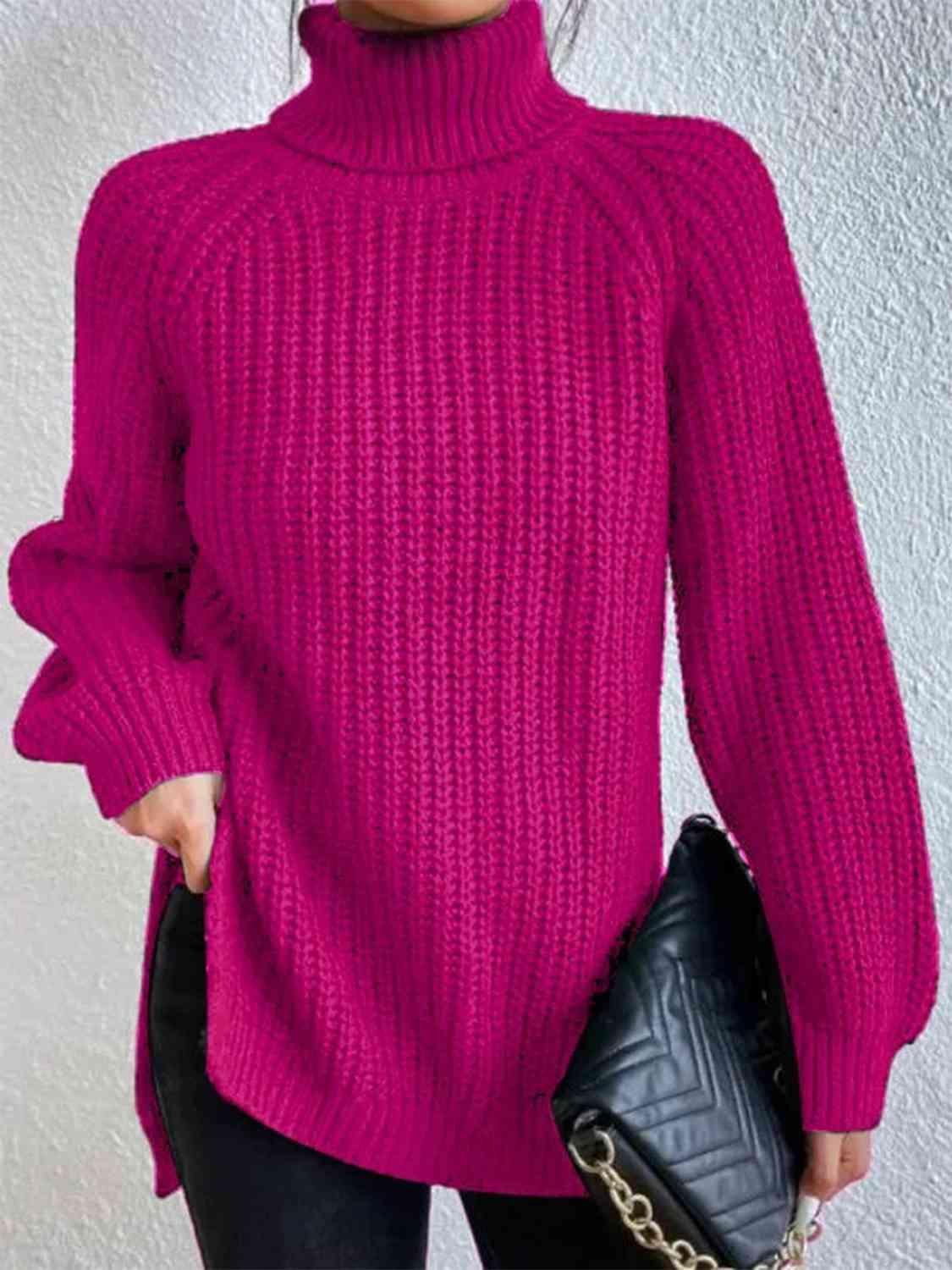 Chrissie Full Size Turtleneck Rib-Knit Slit Sweater - SwagglyLife Home & Fashion