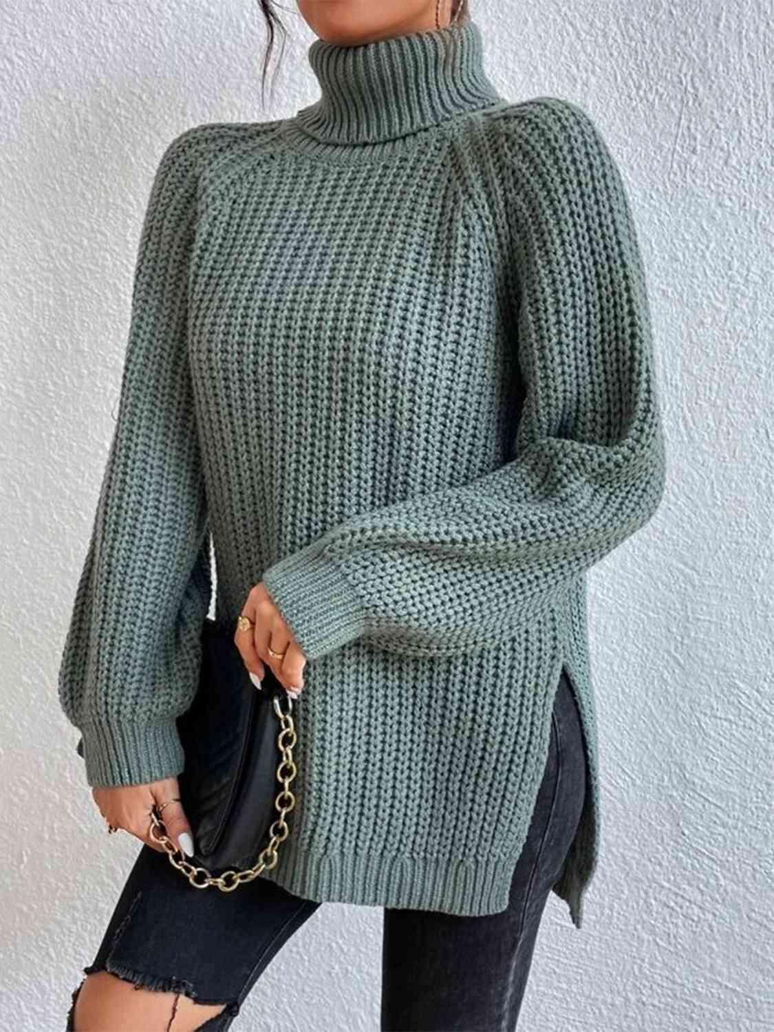 Chrissie Full Size Turtleneck Rib-Knit Slit Sweater - SwagglyLife Home & Fashion