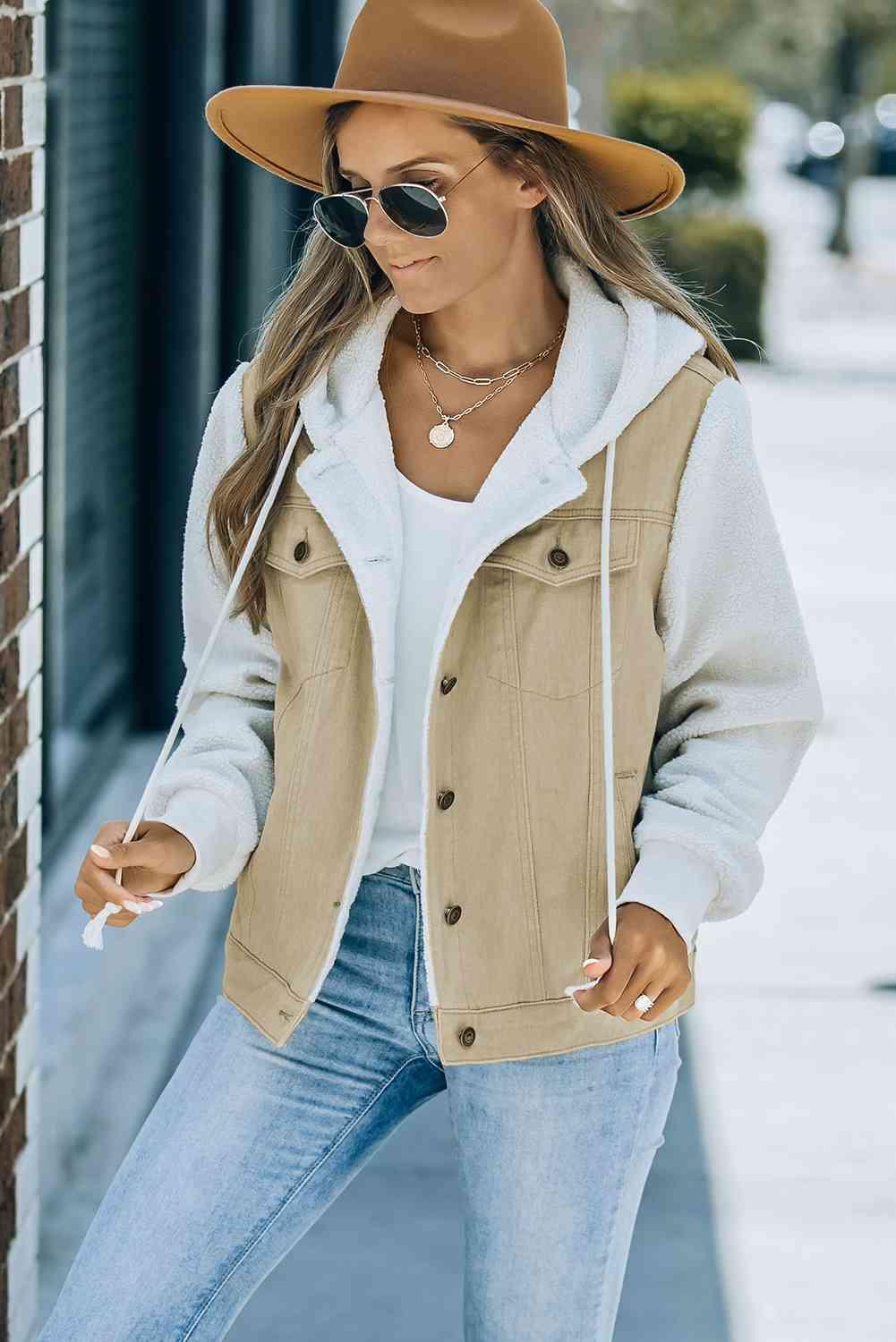 Christine Two-Tone Spliced Denim Sherpa Hooded Jacket - SwagglyLife Home & Fashion