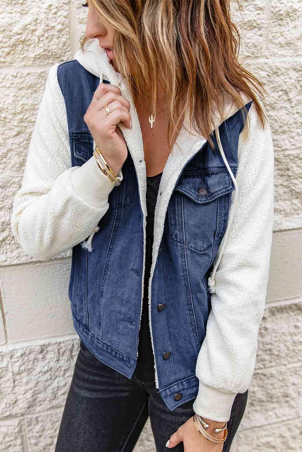 Christine Two-Tone Spliced Denim Sherpa Hooded Jacket - SwagglyLife Home & Fashion