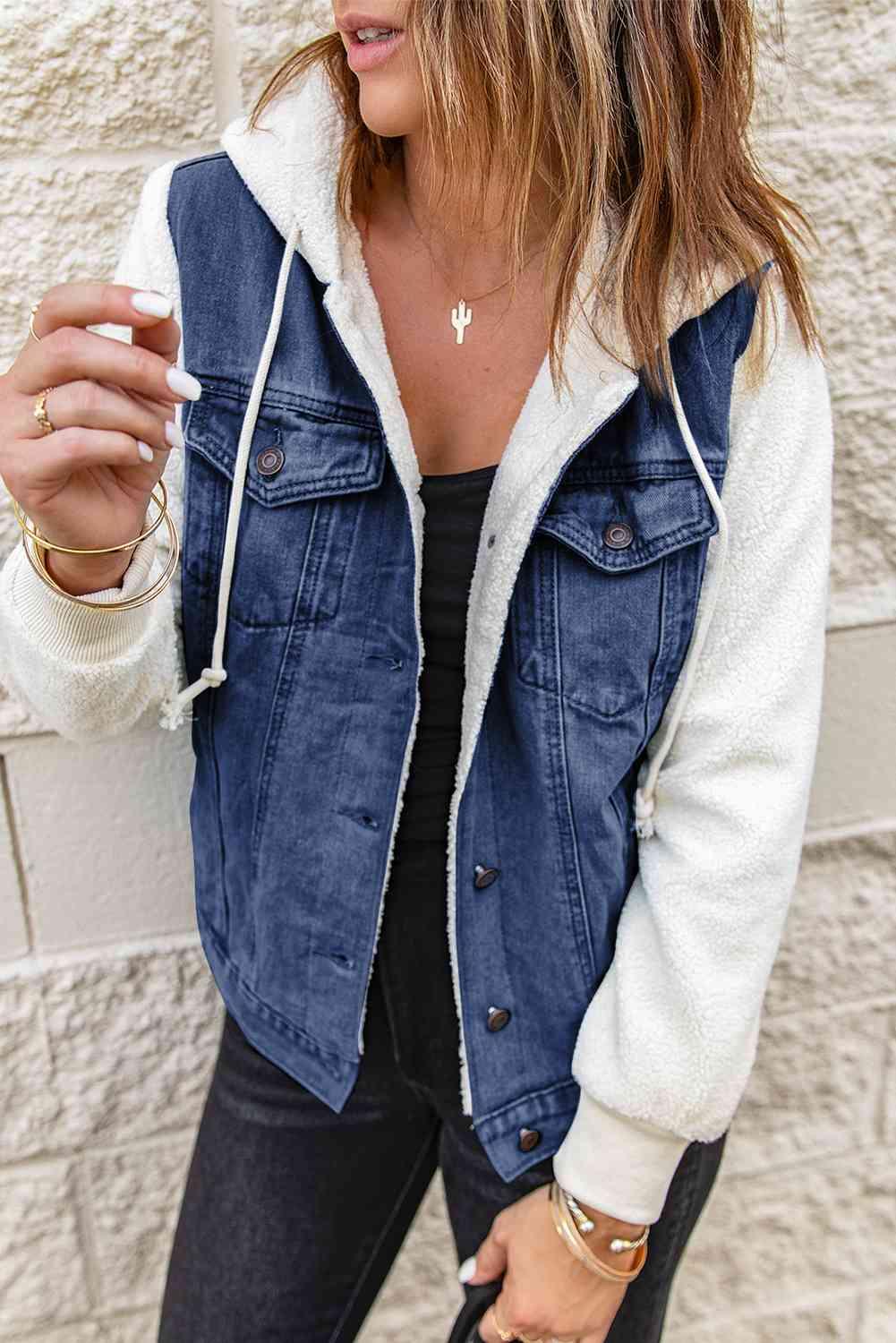 Christine Two-Tone Spliced Denim Sherpa Hooded Jacket - SwagglyLife Home & Fashion