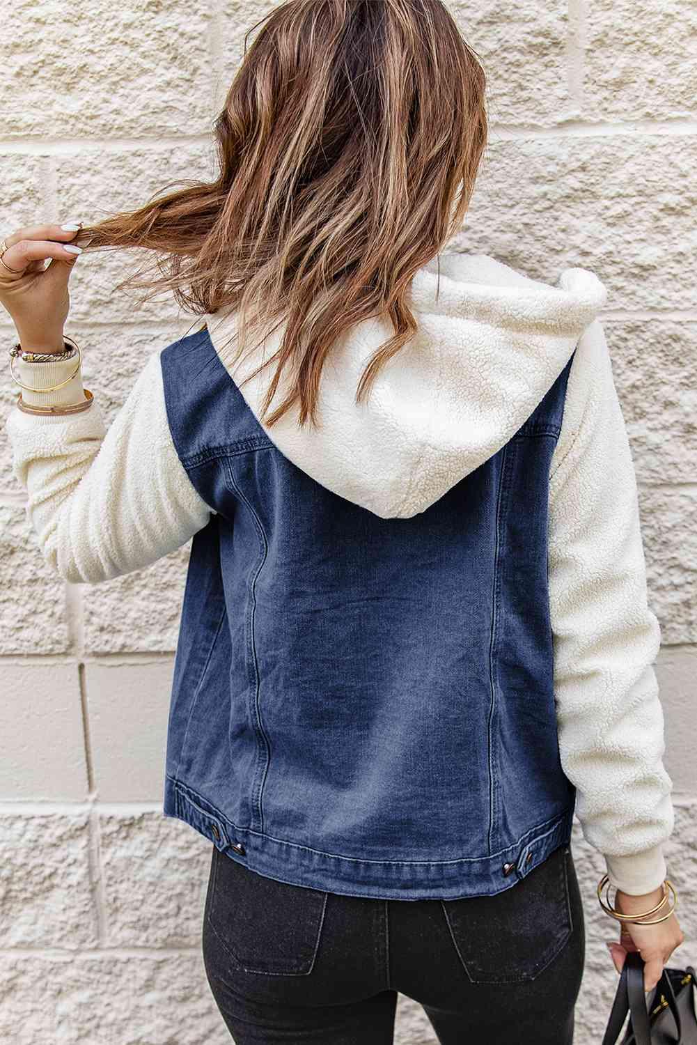 Christine Two-Tone Spliced Denim Sherpa Hooded Jacket - SwagglyLife Home & Fashion