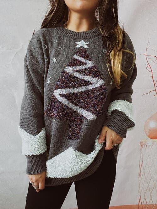 Christmas Tree Graphic Dropped Shoulder Sweater - SwagglyLife Home & Fashion