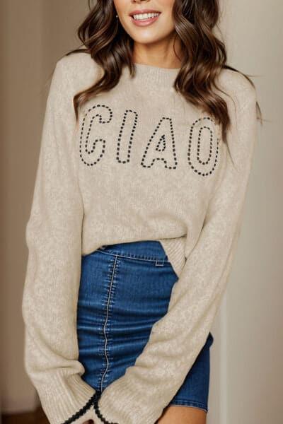 CIAO Round Neck Dropped Shoulder Sweater - SwagglyLife Home & Fashion