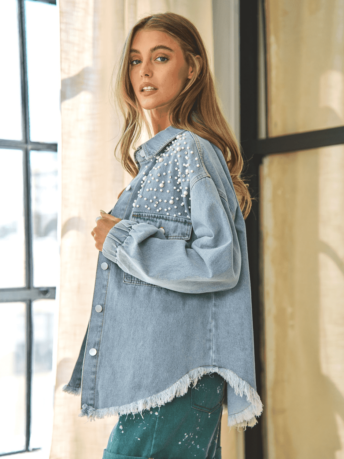 Collared Neck Raw Hem Dropped Shoulder Denim Jacket - SwagglyLife Home & Fashion