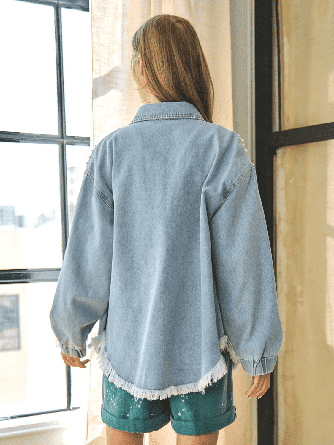 Collared Neck Raw Hem Dropped Shoulder Denim Jacket - SwagglyLife Home & Fashion