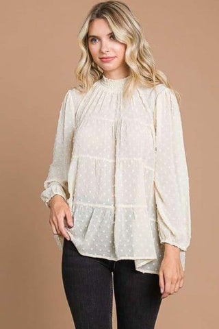 Culture Code Full Size Swiss Dot Smocked Mock Neck Blouse - SwagglyLife Home & Fashion