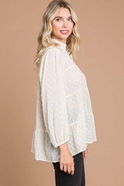 Culture Code Full Size Swiss Dot Smocked Mock Neck Blouse - SwagglyLife Home & Fashion