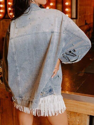 Dakota Rhinestone Detail Button Up Denim Jacket - SwagglyLife Home & Fashion