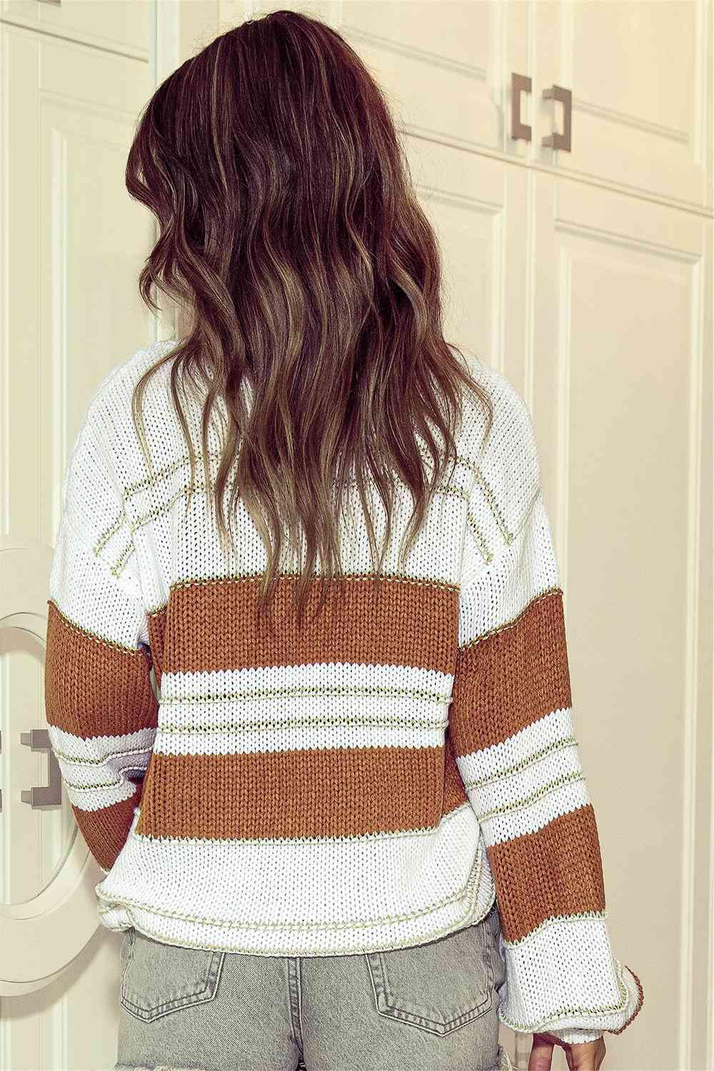 Dana Amber Striped Drop Shoulder Lantern Sleeve Sweater - SwagglyLife Home & Fashion