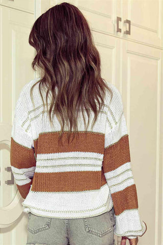 Dana Amber Striped Drop Shoulder Lantern Sleeve Sweater - SwagglyLife Home & Fashion