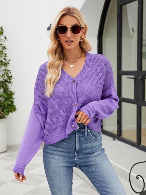 Dana Eyelet Button Front Long Sleeve Cardigan - SwagglyLife Home & Fashion