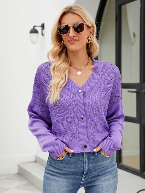 Dana Eyelet Button Front Long Sleeve Cardigan - SwagglyLife Home & Fashion