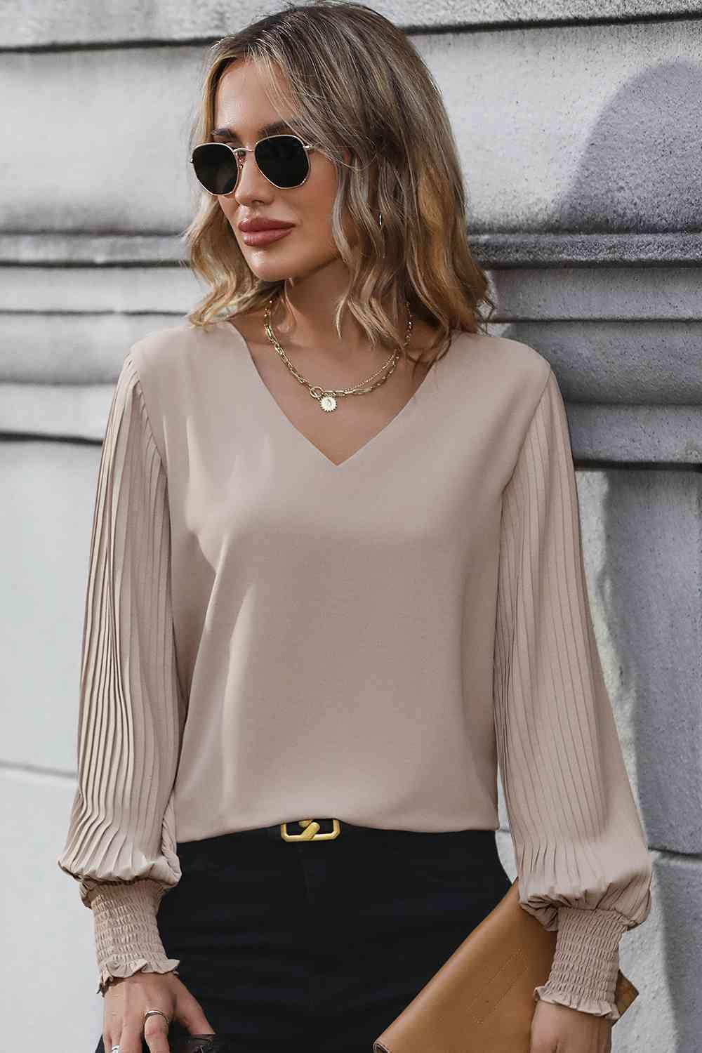 Dana Pleated Lantern Sleeve V-Neck Blouse - SwagglyLife Home & Fashion