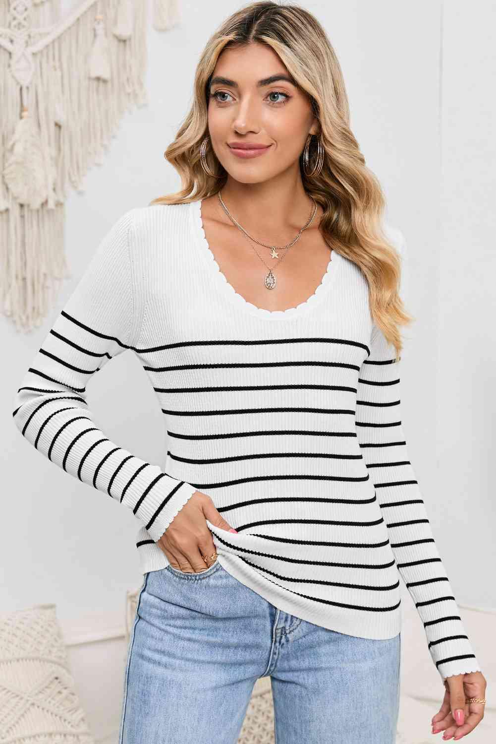 Dana Striped Round Neck Long Sleeve Knit Top - SwagglyLife Home & Fashion