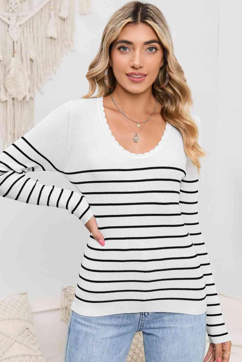 Dana Striped Round Neck Long Sleeve Knit Top - SwagglyLife Home & Fashion