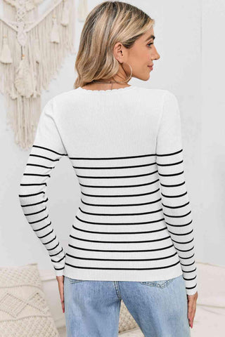 Dana Striped Round Neck Long Sleeve Knit Top - SwagglyLife Home & Fashion