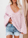 Danielle Striped Drop Shoulder V-Neck Sweater - SwagglyLife Home & Fashion